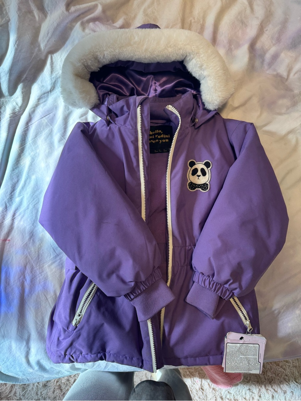 Mini Rodini Purple Puffer Jacket with White Faux Fur Hood